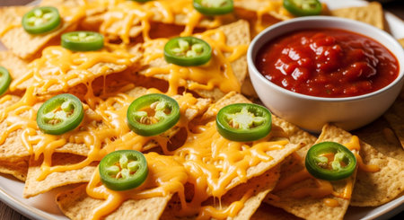 A close up of cheesy nachos with sliced jalapeno peppers and a bowl of salsa. Delicious mexican snack for party celebration. Fast food concept.の素材