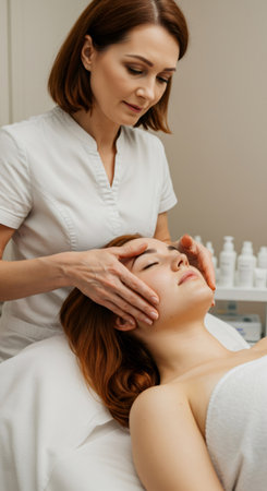 Woman cosmetologist doing facial massage for woman. Cosmetology spa treatment. Rejuvenation procedure for cosmetology clinic.の素材