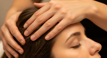 Hands massaging woman head. Scalp care treatment for hair growth. Beauty salon procedure for healthy head skin.の素材