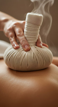Woman hand holding an herbal compress for massage. Steam rising from therapeutic herbal compress. Spa and skin care concept.の素材