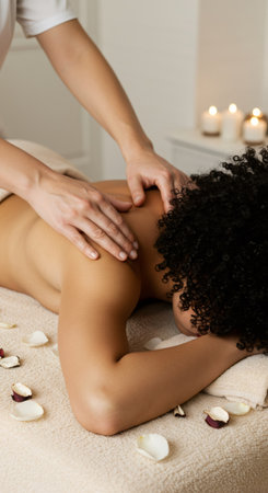 Hands of a massage therapist massaging the back of a woman. Spa treatment for body relaxation and anti-stress therapy.の素材