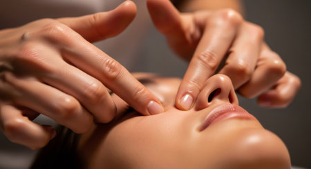 Woman receiving a facial massage. Close up of female face during beauty skin treatment. Spa therapy body care wellness concept.の素材