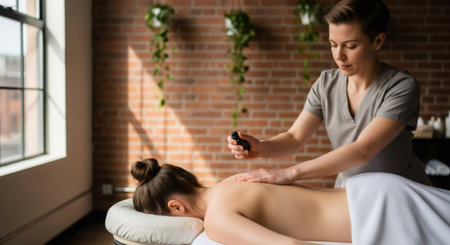 Woman masseuse massaging back of girl client. Wellness treatment for relaxation and stress relief in a spa salon.の素材