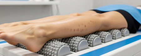 Woman getting massage on roller machine. Leg treatment for cellulite reduction and body shaping. Endermology equipment for beauty clinic.の素材
