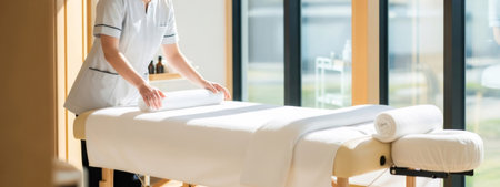 Woman preparing massage table. Aesthetic spa treatment room. Professional masseuse setting up for wellness procedure.の素材