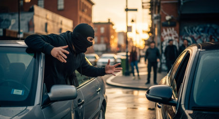 Man in balaclava reaching out of car window. Dangerous criminal attempting carjacking or theft concept. Urban crime scene.の素材