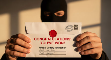Man wearing a black balaclava holds a fake lottery win letter with a wax seal. Concept of deception and scam.の素材
