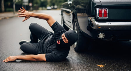 Man wearing a balaclava lying on the wet street near a dark car, portraying a theft or accident scene. Crime and consequence concept.の素材