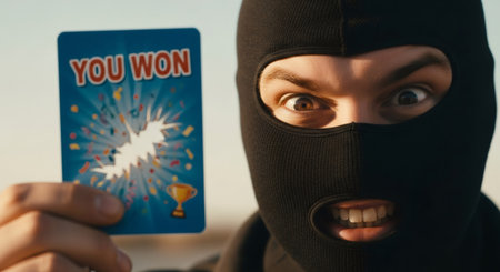 Man in black balaclava holding a lucky lottery ticket with a you won message. Cyber scam and fraud concept.の素材