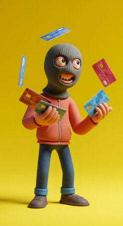 A cartoon bandit character in a ski mask holds stolen credit cards, representing internet fraud and digital crime.の素材