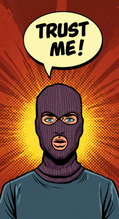 Man in ski mask saying trust me. Scammer in balaclava deceiving with fake promise. Pop art fraud and crime concept.の素材