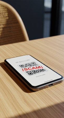 Smartphone displaying a QR code with scam warning. Digital fraud and cyber crime concept for online security awareness.の素材