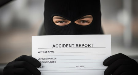 Man in ski mask holding accident report form. Criminal identity theft and insurance fraud concept. Crime and deception.の素材