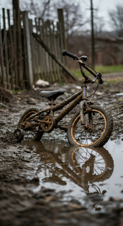 Old rusty child bicycle standing in muddy puddle. Abandoned toy after natural disaster or flood. Concept of poverty and hardship.の素材