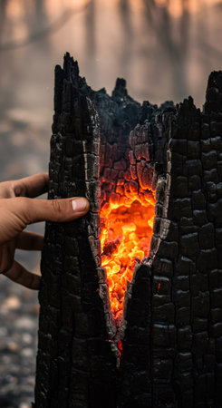Caucasian man holding the charred remains of a tree trunk with glowing embers inside after a forest fire. Ecological disaster concept.の素材