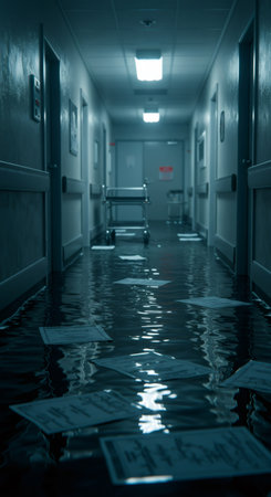 Flooded hospital corridor with documents on the water. Disaster consequence, emergency situation in medical building for flood concept.の素材
