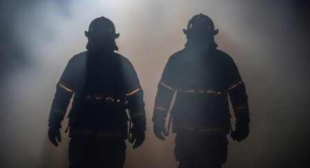 Two firefighters in silhouette standing in thick smoke. Emergency response and disaster relief concept for fire safety.の素材