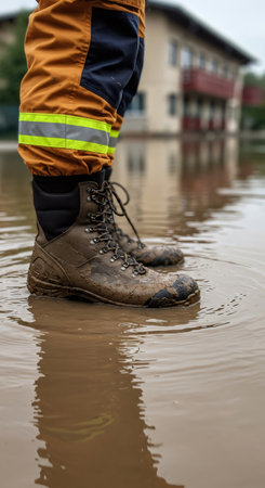 Man in orange uniform boots standing in muddy flood water. Disaster relief work after natural catastrophe. Urgent evacuation concept.の素材