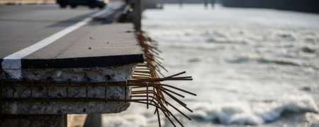 Close up of a broken road after an earthquake. Damaged bridge infrastructure due to natural disaster. Concrete fracture concept.の素材