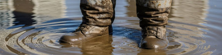 Man in dirty old boots standing in muddy water puddle. Flood after natural disaster. Concept of emergency and rescue mission.の素材