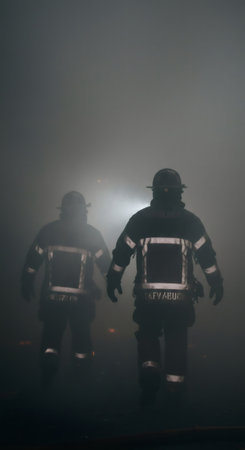 Two firefighters walking into dense smoke. Men in protective gear in a dark, hazy environment. Emergency rescue operation on fire scene.の素材