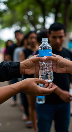 Man gives bottle of water to refugee. Help and support during natural disaster or crisis. Humanitarian aid for displaced people.の素材