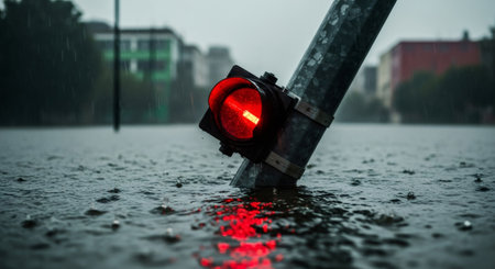 Red traffic light in flooded street. Road submerged after heavy rain. Urban flood, natural disaster and emergency concept.の素材