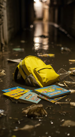 Yellow child backpack with books lying in dirty floodwater. Concept of natural disaster aftermath and humanitarian crisis after catastrophic event.の素材