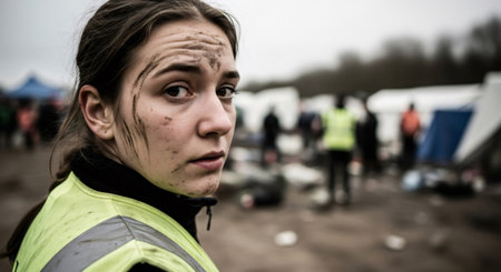 A woman volunteer with dirty face and anxious expression in a refugee camp or disaster relief area. Humanitarian crisis concept.の素材