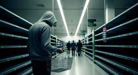 Man holding empty shopping basket in deserted grocery store aisle. Food shortage and supply chain crisis concept. Economic downturn.の素材