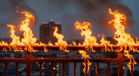 Bright flame burning on metal railing with blurred city background. Fire emergency and urban destruction concept.の素材