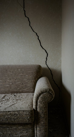 Dust covered sofa below large crack on damaged wall. Desolate interior of an abandoned home after natural disaster. Earthquake destruction.の素材