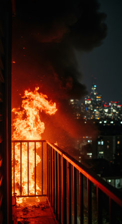Big fire on balcony of a building at night. Dangerous house fire spreading with thick smoke and cityscape in background, accident concept.の素材