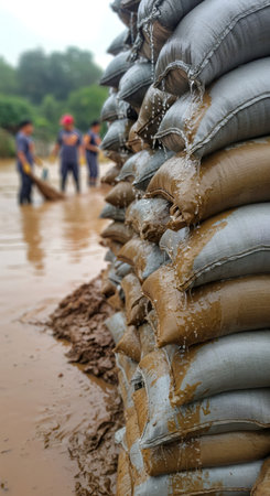 Sandbags used as flood barrier, water seeping through in foreground. Men working to clear debris in murky floodwater. Disaster relief and prevention.の素材
