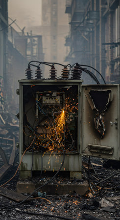 Electrical box with sparks flying, symbolizing power outage and disaster. Damaged infrastructure after fire or explosion, showing emergency situation.の素材