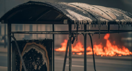 Burnt bus stop with fire in background. Aftermath of urban conflict or disaster. Destruction and consequence concept.の素材