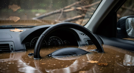 Car interior flooded with dirty brown water with leaves and debris after heavy rain disaster. Automobile damaged by natural calamity.の素材