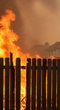 Burning wooden fence ignited by wildfire in a residential area. Disaster and destruction concept. Emergency and natural catastrophe.の素材