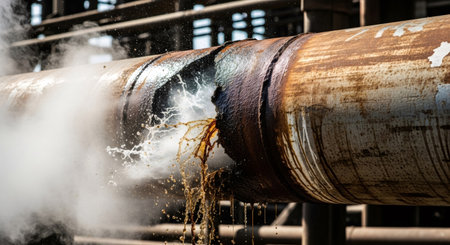 Brown liquid and white steam spraying from a burst rusty pipeline. Industrial accident concept. Technogenic disaster from pipe leak.の素材