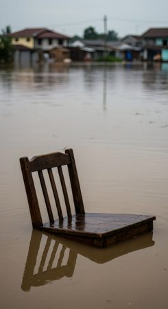 Wooden chair submerged in flood water near houses. Natural disaster and environmental damage concept from heavy rain.の素材