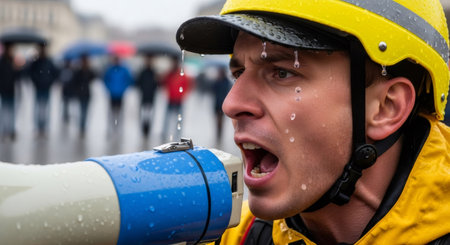 Man rescuer shouting into megaphone during heavy rain. Emergency message and protest rally. Loudspeaker for flood warning concept.の素材