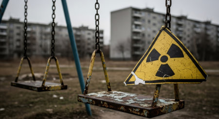 Rusty swing set with a radiation warning symbol in an abandoned playground. Danger zone concept. Post apocalyptic scene for disaster and evacuation.の素材
