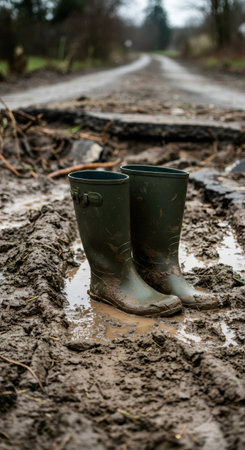 Pair of muddy green rubber rain boots standing in a puddle on a destroyed dirt road after a flood. Natural disaster concept.の素材