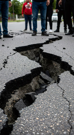 Large crack in asphalt road after earthquake with people standing nearby. Damaged street surface, natural disaster concept.の素材