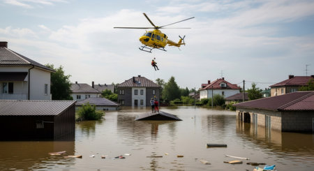 Yellow rescue helicopter evacuating two women from submerged house roof during major flood. Emergency crisis and natural disaster concept.の素材