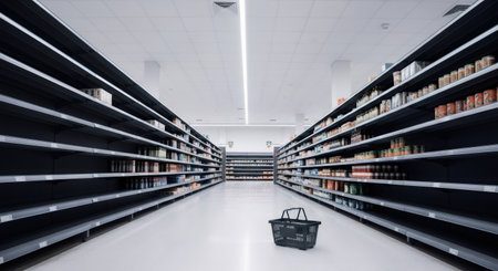 Empty shopping basket on floor in a supermarket aisle with near empty shelves. Food shortage, crisis, and panic buying concept.の素材