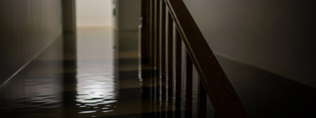 Flooded house interior with dark water covering the floor and wooden staircase railing showing a natural disaster scene.の素材