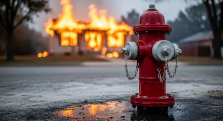Red fire hydrant ready for action with house on fire in background. Emergency protection and safety concept for disaster and catastrophe themes.の素材