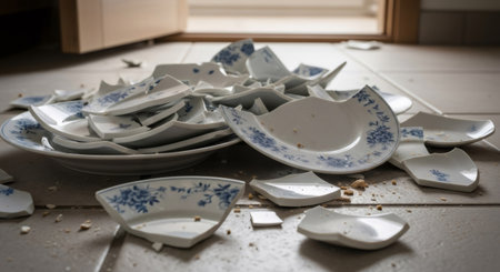 Broken ceramic plate on dusty floor after earthquake. Home damage and mess after natural disaster. Concept of destruction and fragility.の素材