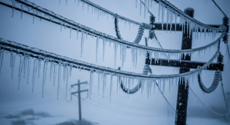 Power lines covered with ice and icicles during a severe winter storm. Freezing rain disaster and power outage concept.の素材